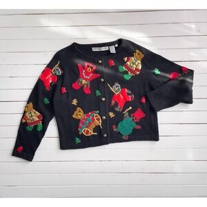 vtg Michael Simon teddy bear costumes embroidered black‎ cardigan sweater